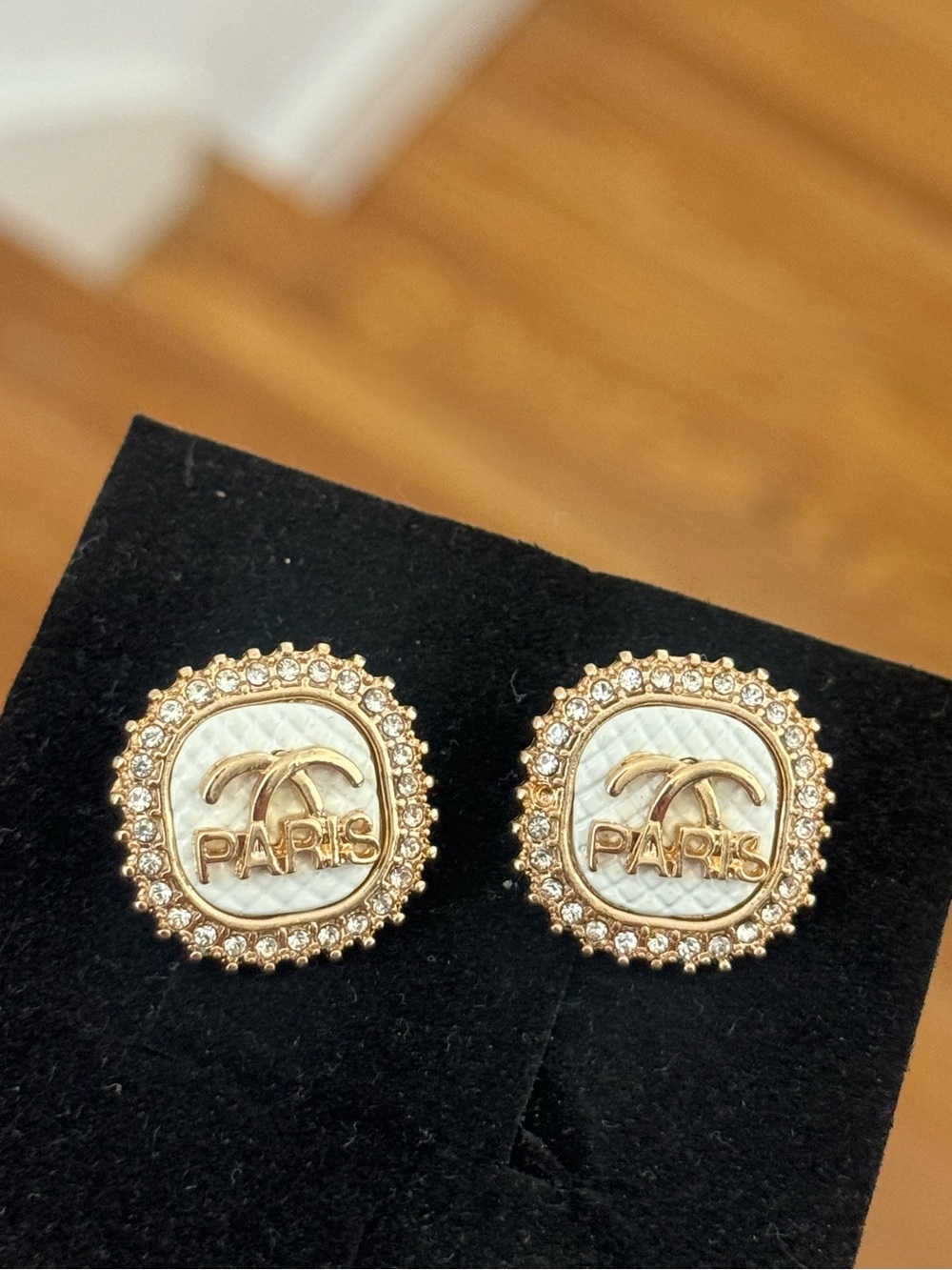 Vintage Gold and White Paris Logo Crystal-Trim Earring Buttons